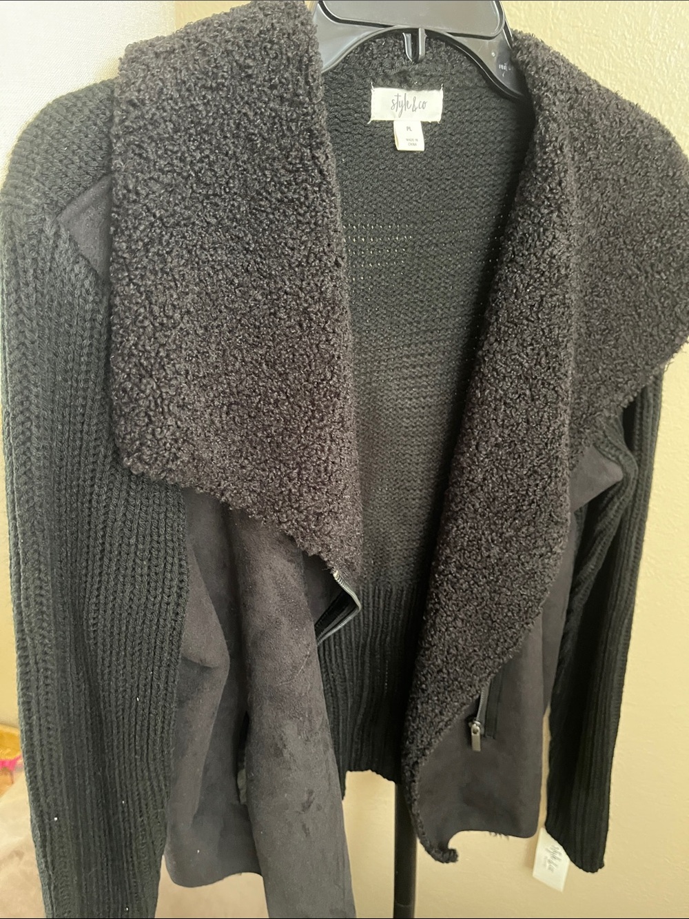 Style & Co. Black Open-Front Sherpa Collar Cardigan petite Large